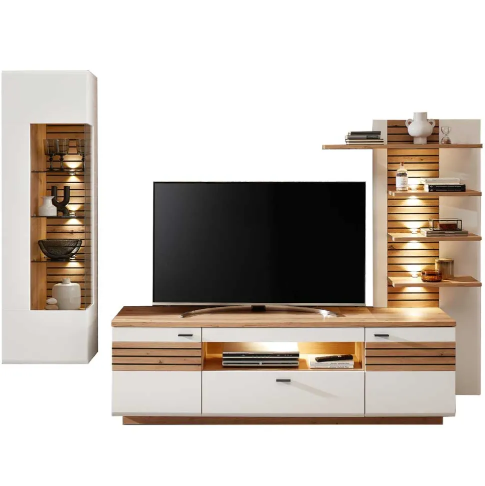 Wohnzimmer Anbauwand in Weiß mit Wildeiche - Niam (dreiteilig)