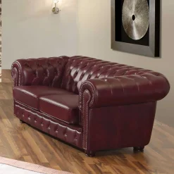 Wohnzimmer Couch in Dunkelrot Leder - Tuguda