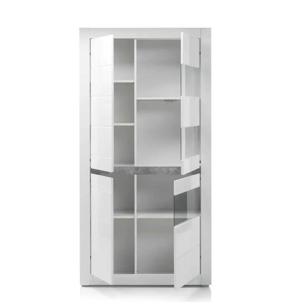 Wohnzimmer Möbel Programm in Hochglanz Weiß Mextra mit Beton Dekpr (vierteilig)