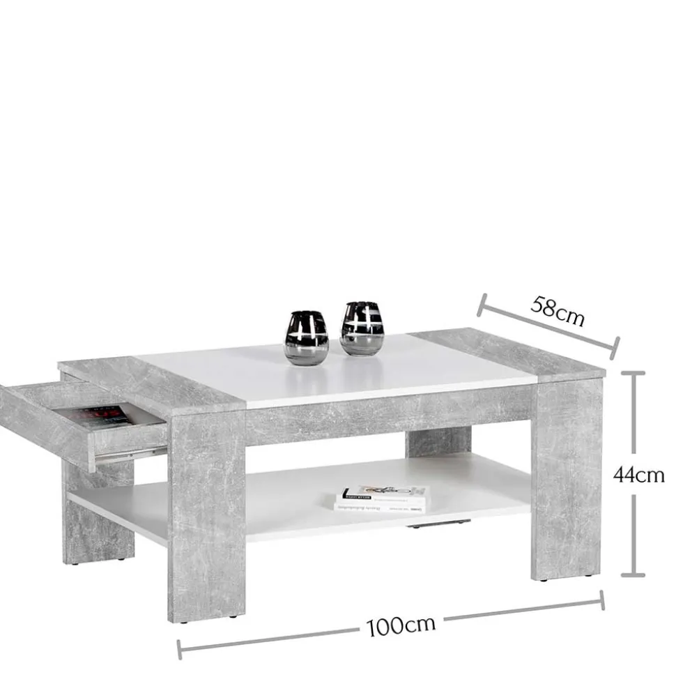 Wohnzimmertisch mit Schublade & Ablage in Beton NB - Cadylica