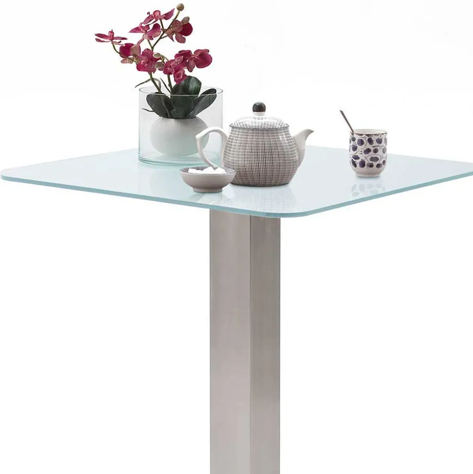 70x70cm Stehtisch mit Glasplatte in Weiß Fansas & Edelstahlfuß
