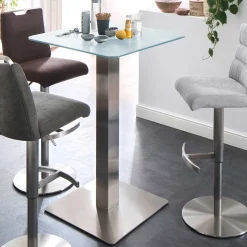 70x70cm Stehtisch mit Glasplatte in Weiß Fansas & Edelstahlfuß