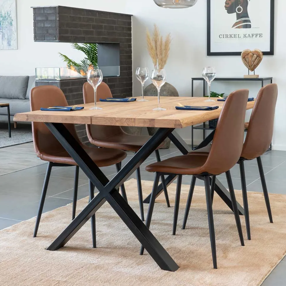X-Fuß Esszimmertisch & Kunstlederstühle Braun - Gyrineva (fünfteilig)