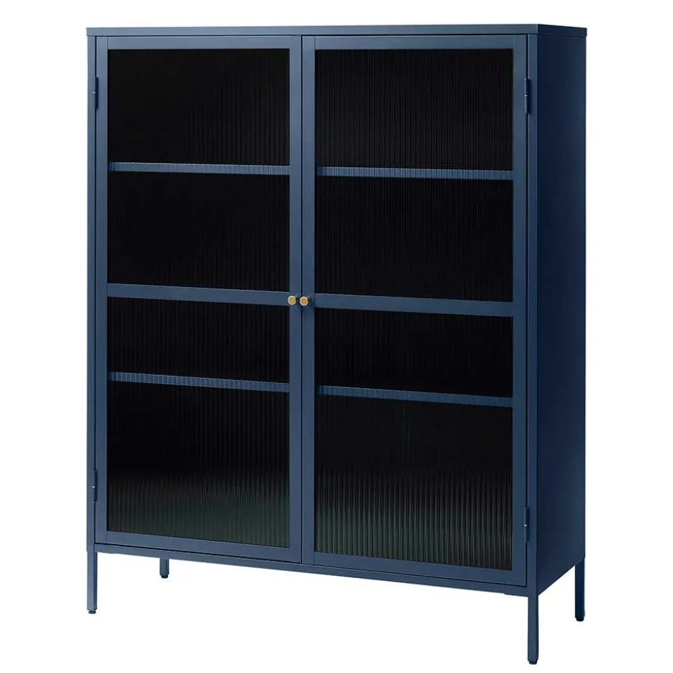 110x140x40 Blaues Stahl Highboard mit Glastüren - Atos