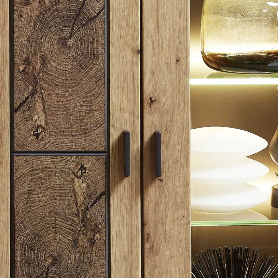 80x148x37 Highboard mit Glaseinsatz in Holzoptik - Iniaco