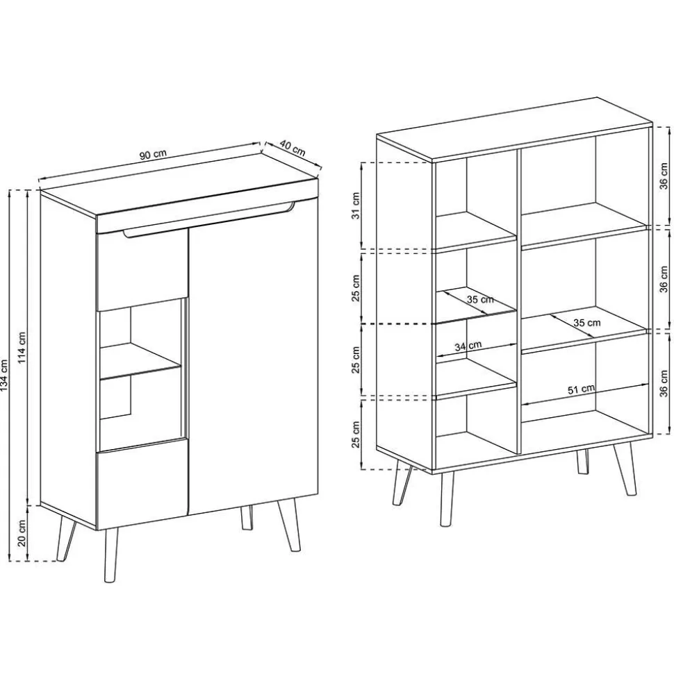 90x134x40 Highboard mit Glaseinsatz 2-türig - Olcian
