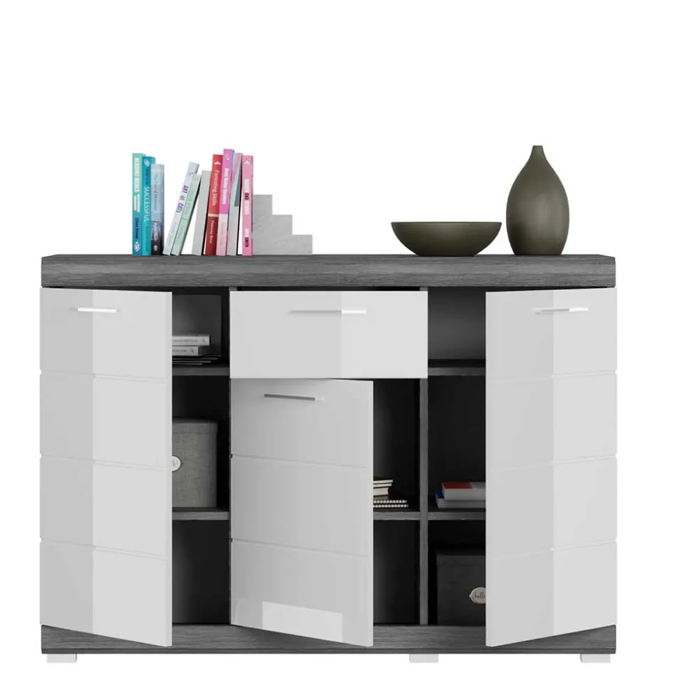 120x85x37 Hochglanz Kommode in Weiß & Grau - Nancys