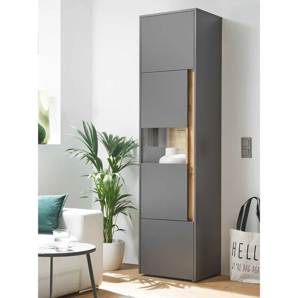 50x197x40 Hoher Wohnzimmerschrank mit Glaseinsatz - Ahilav