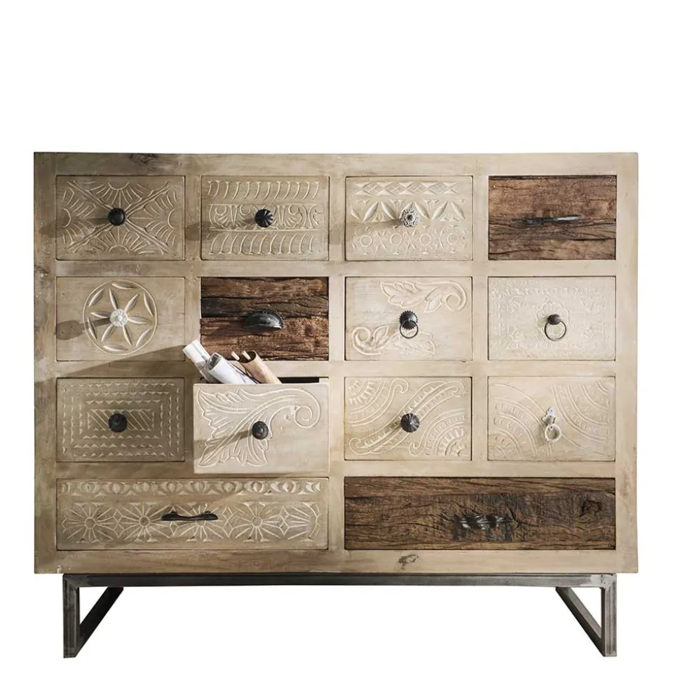 110x91x37 Recyclingholz Kommode mit 14 Schubladen - Emirello