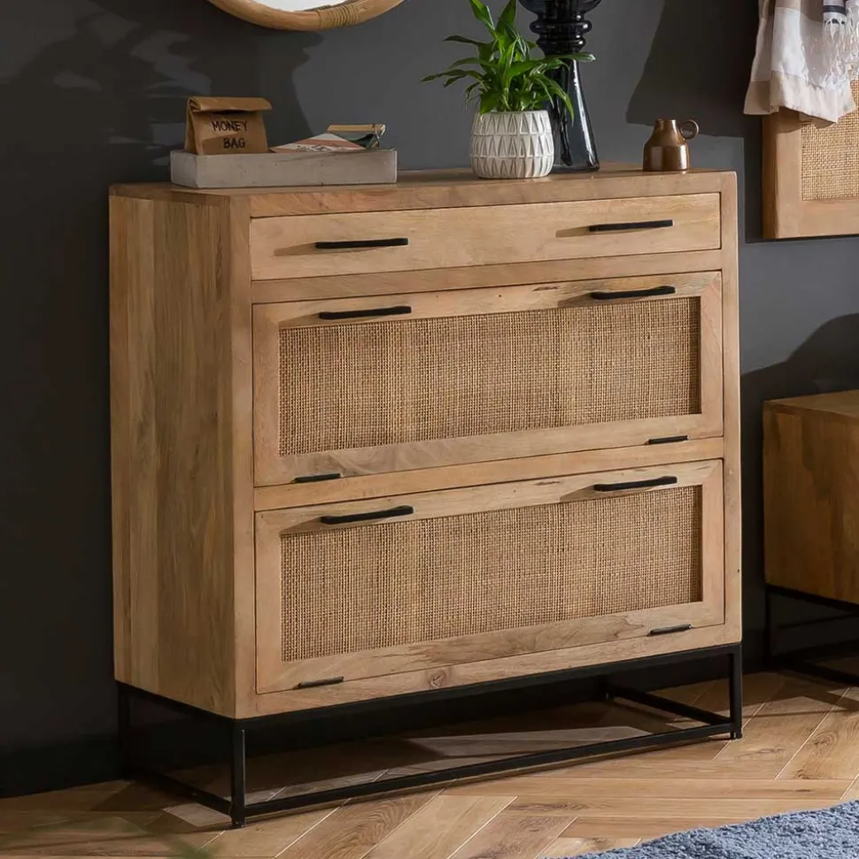 85x91x40 Schuhschrank aus Holz & Rattan Geflecht - Lazianus