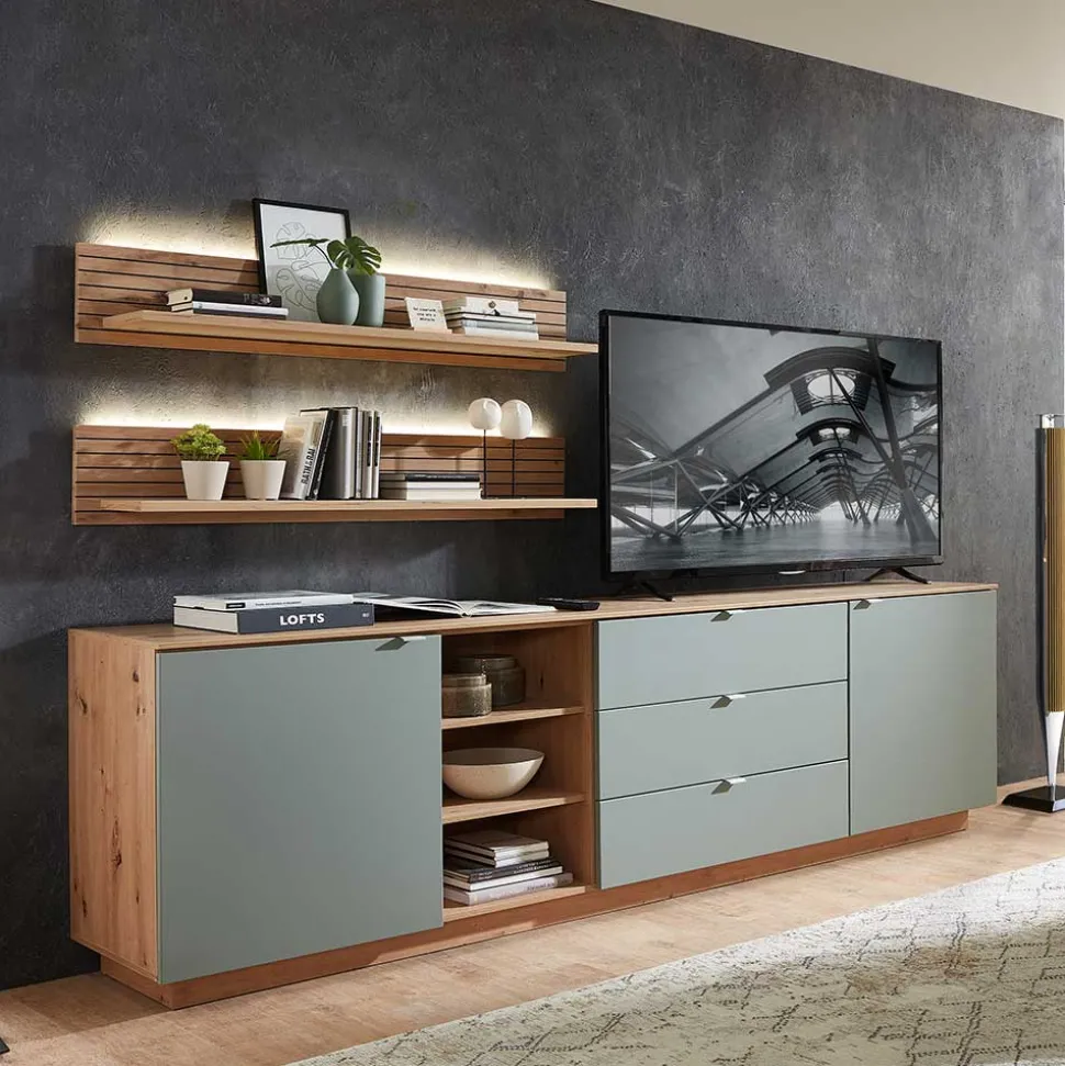 240x77x44 Sideboard in Graugrün und Wildeiche - Yoan