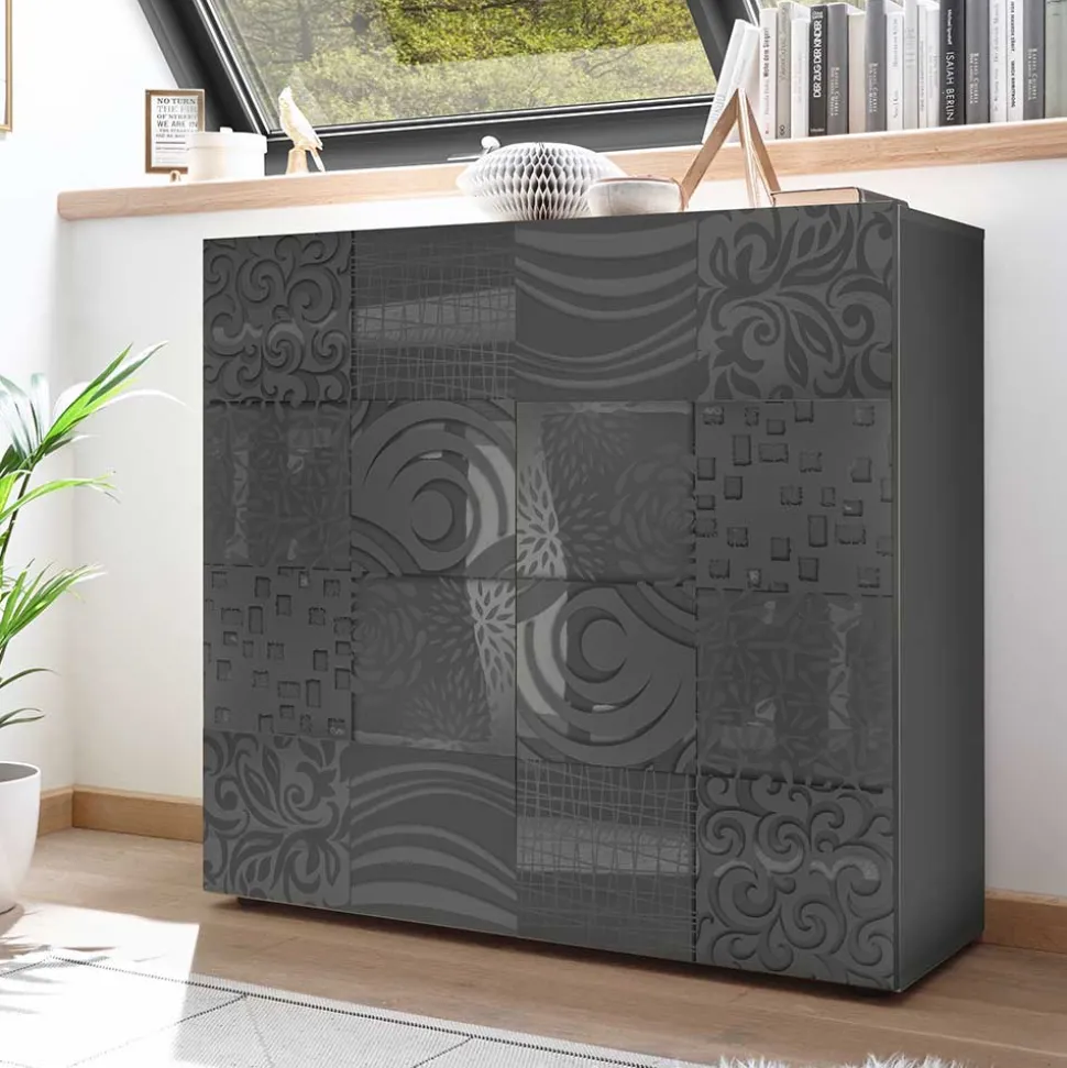 121x111x42 Türen-Kommode in Grau Glanz - Ipatal