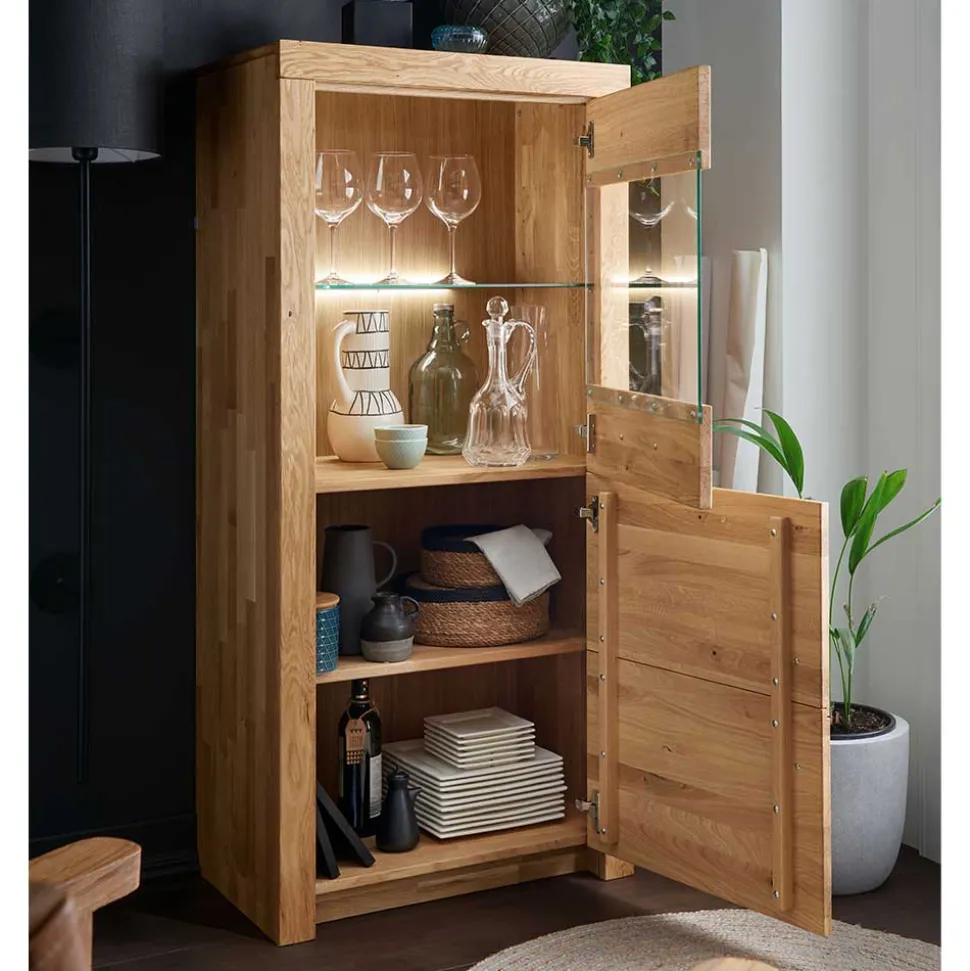 65x141x40 Vitrinenschrank aus Wildeiche Massivholz - Loitons