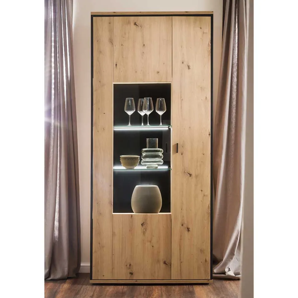 93x210x38 Vitrinenschrank in Eiche Holzdekor - Nikdus