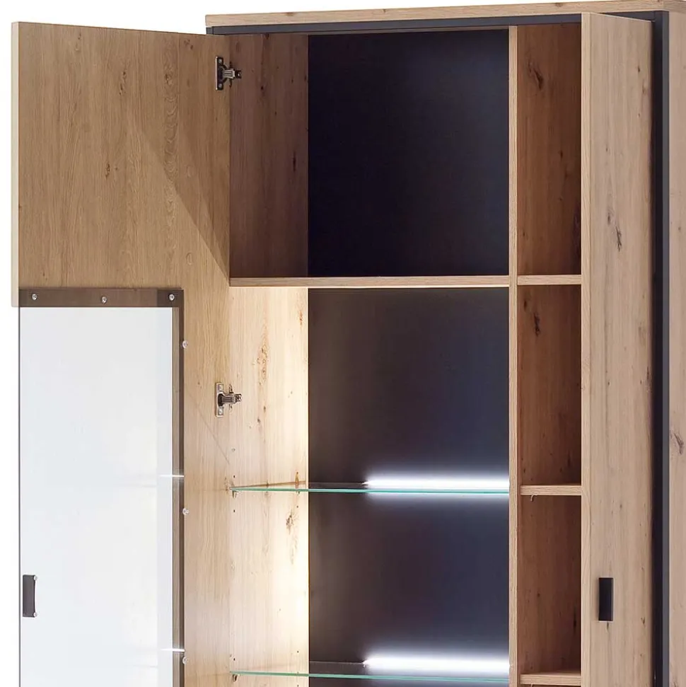 93x210x38 Vitrinenschrank in Eiche Holzdekor - Nikdus