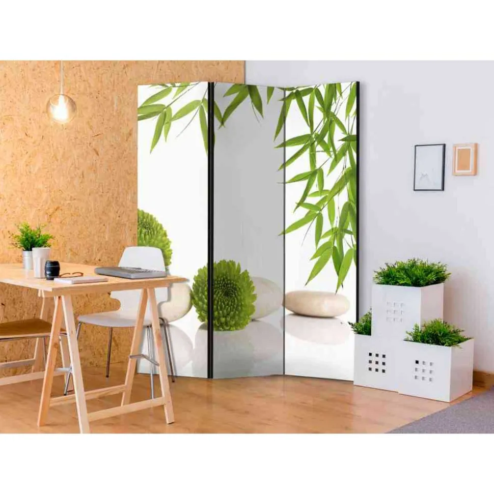 Zen Motiv Paravent in Weiß & Grün - Doskados