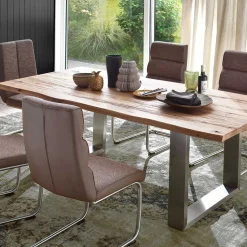 Zerreiche Esstisch mit Baumkante Jelsica & Edelstahl Bügelgestell